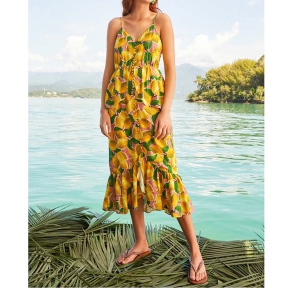 Farm Rio / anthropologie Fresh Lemons Ruffled Midi Dress Small - Picture 1 of 15